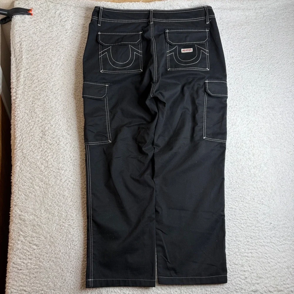 True Religion Mens Black Contrast Stitch Cargo Pants Size 34 (38x29) baggy loose
